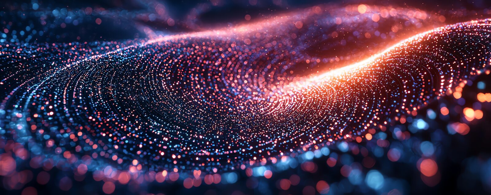 Abstract digital wave with glowing particles, representing data visualization, technology, and innovation in a futuristic design.