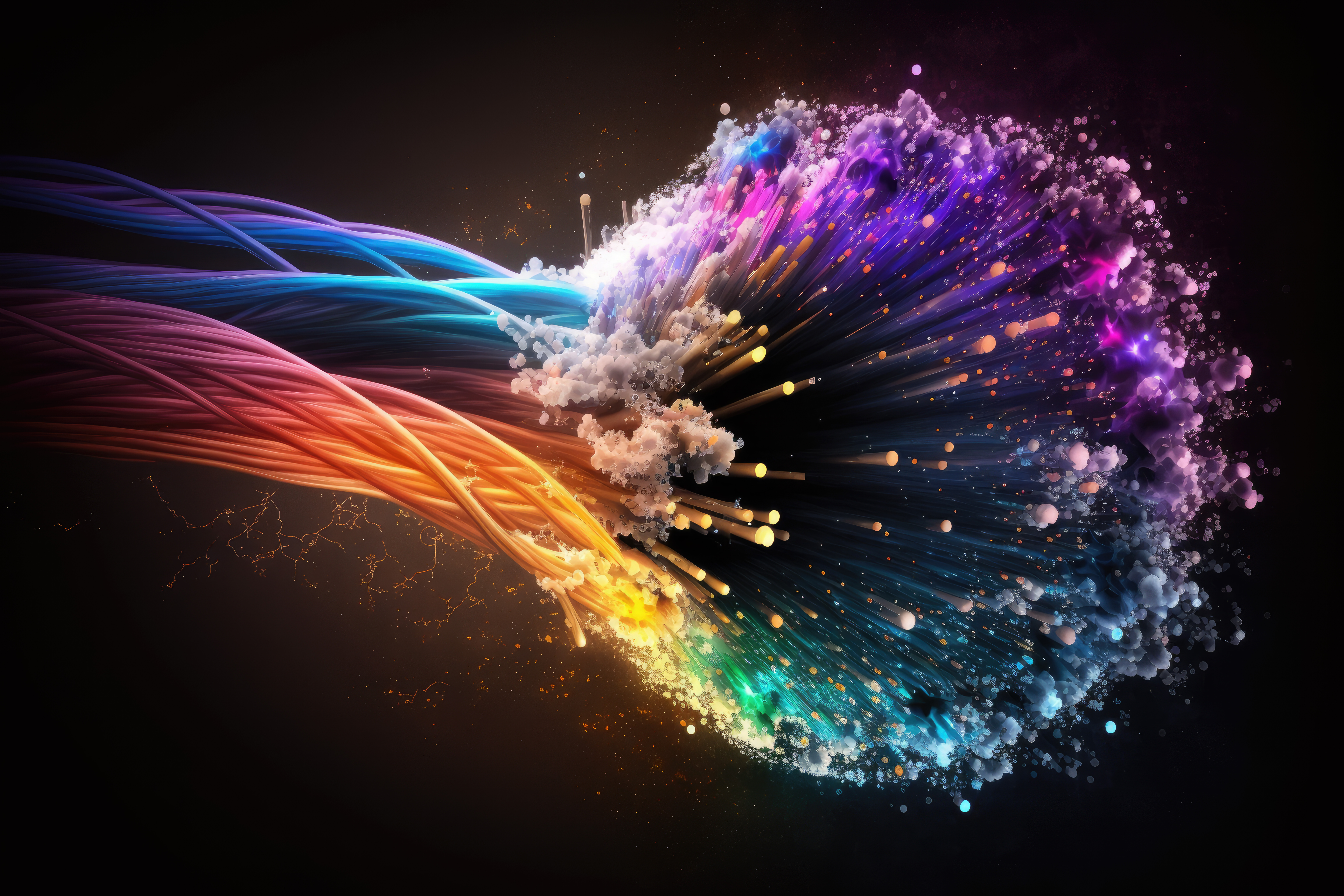 broadband internet concept. colorful fiber optic cable isolated on black background. Generative AI