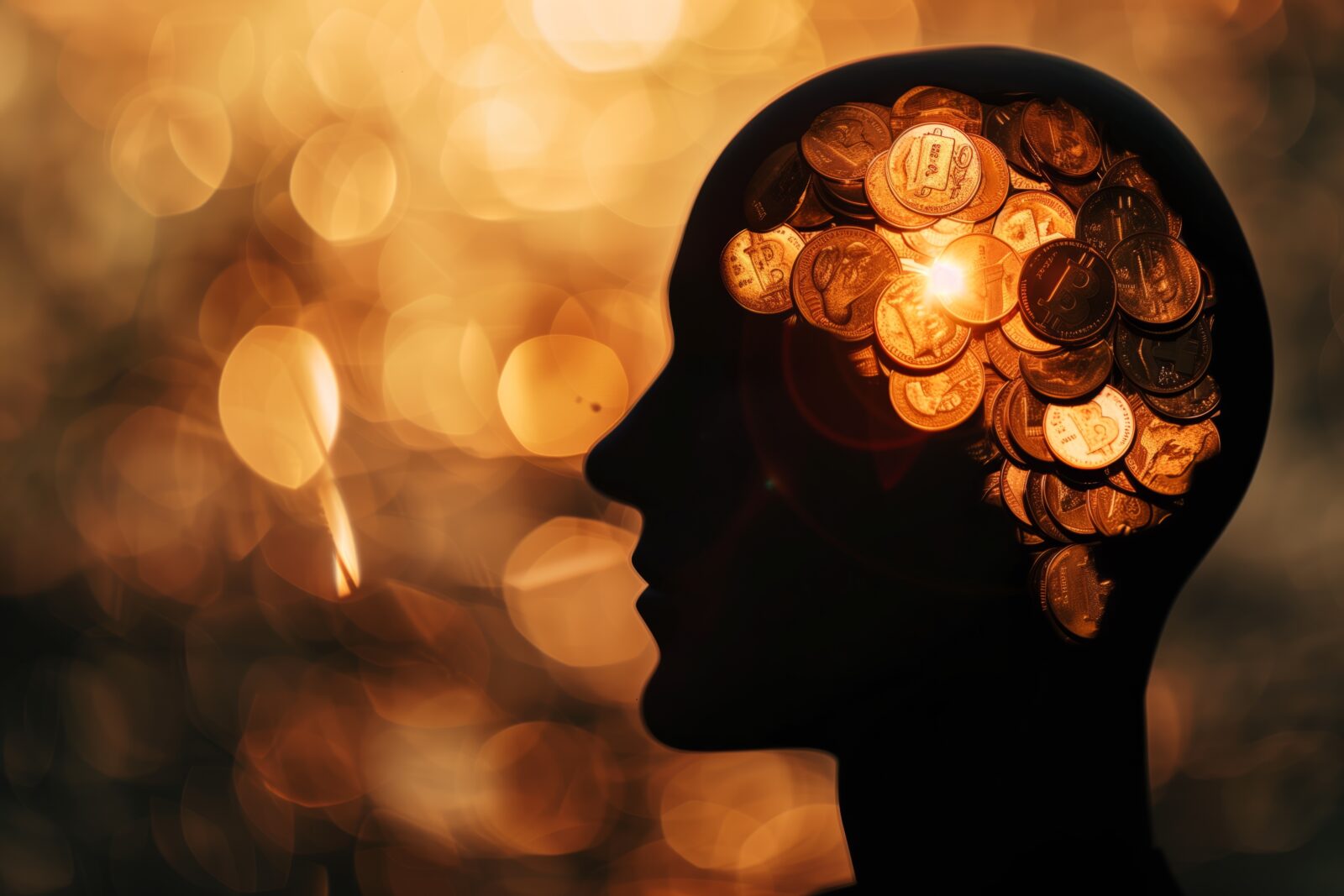 Silhouette of human head filled with money coins and banknotes inside, concept of financial and monetary mindset, wealth, prosperity, financial planning, abundance and economic awareness.